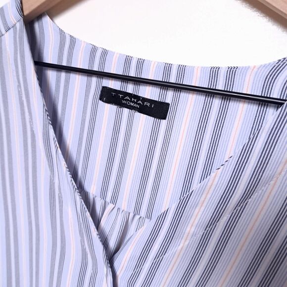 Tahari Women Plus 1x Top Blue & White Striped Long Sleeve Blouse Button Down - Picture 3 of 8